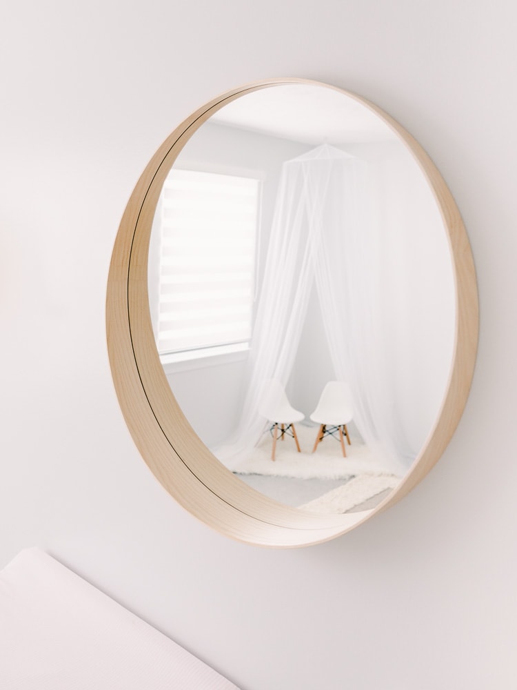 Ikea round mirror, Modern Nursery Decor on a Budget, photography by Juliana Kaderbek Photography, Cleveland newborn photographer