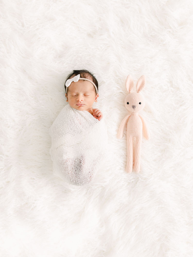Newborn baby girl with her bunny toy, In-home newborn photography photo inspiration by Juliana Kaderbek Photography, Cleveland Newborn Photographer