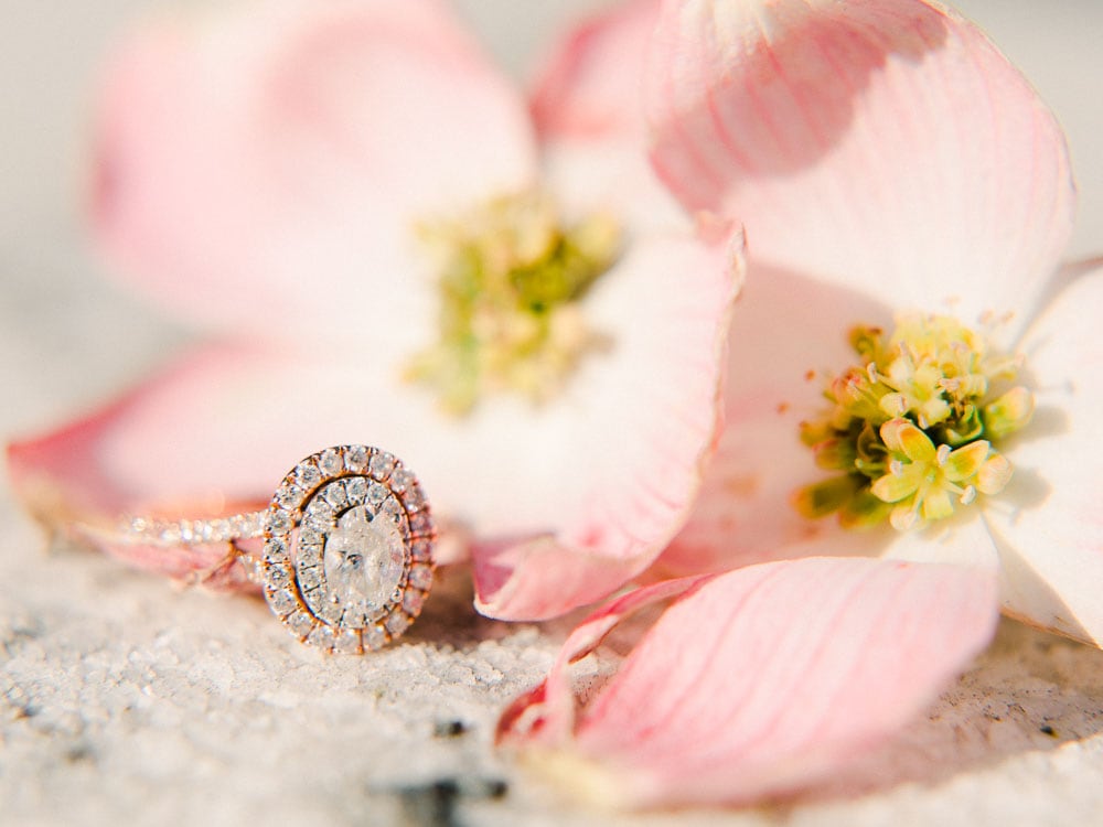 Engagement Ring with Cherry Blossoms photographed by Juliana Kaderbek Photography, an award winning Cleveland Wedding Photographer