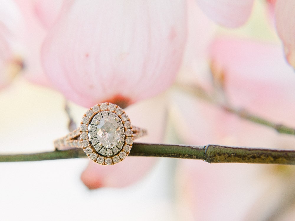 Engagement Ring with Cherry Blossoms photographed by Juliana Kaderbek Photography, an award winning Cleveland Wedding Photographer