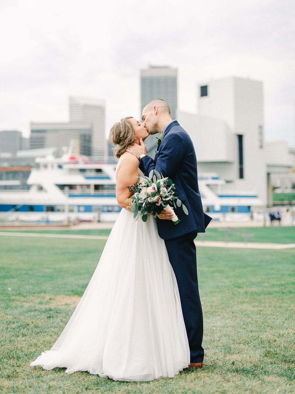 bride and groom photos at Voinovich Park in Cleveland Ohio