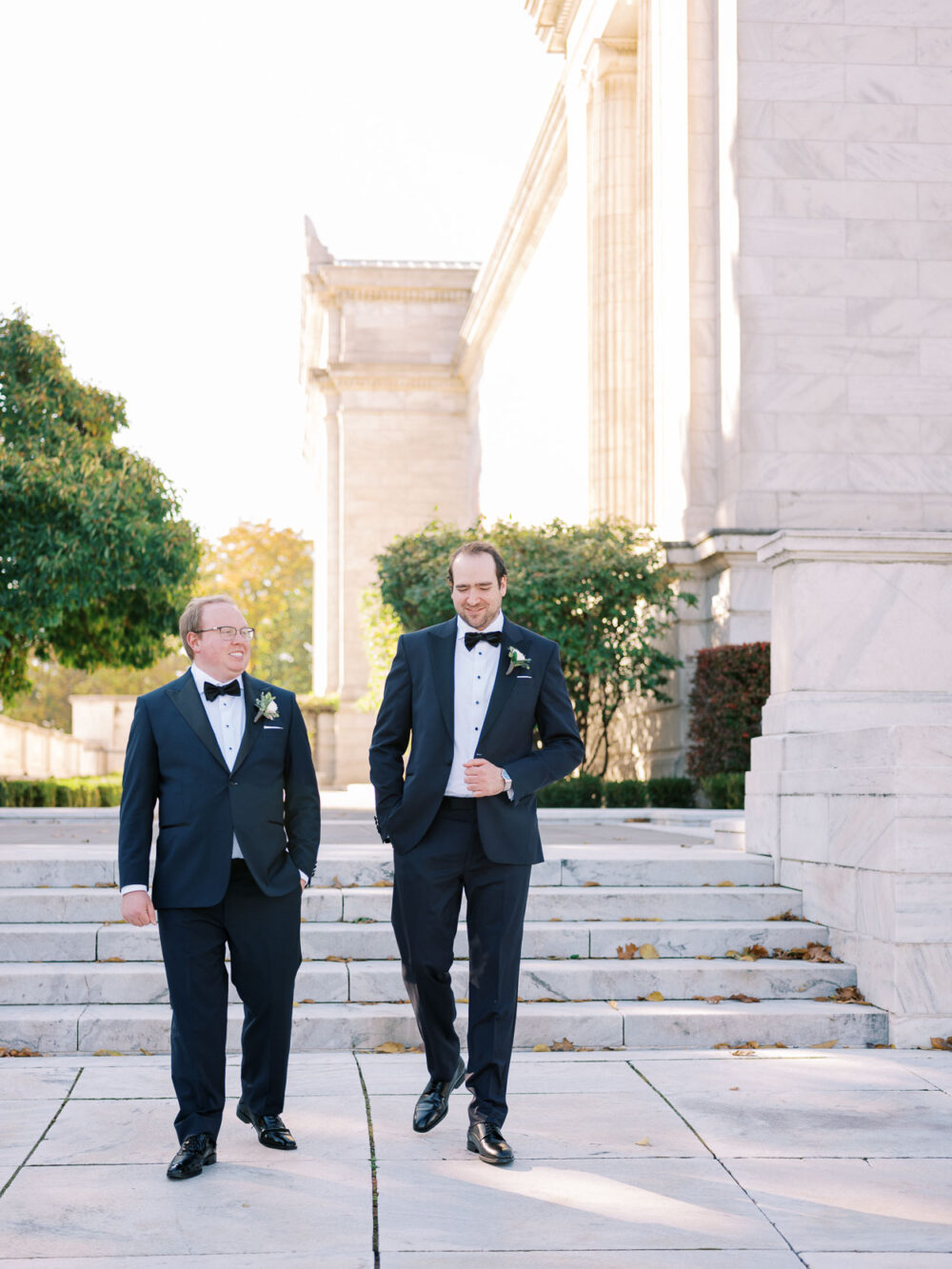 Groom with his groomsman during portraits at Cleveland Art Museum 