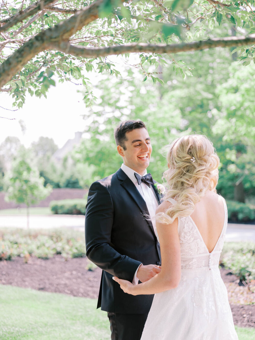 Bride and groom first look at Crocker Park