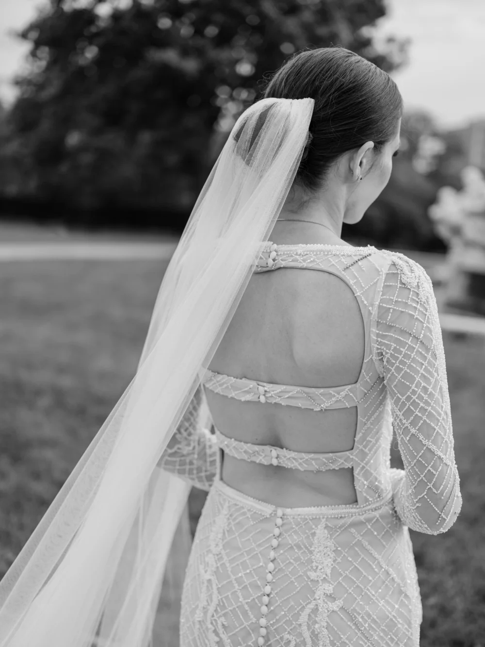 Portrait of bride wearing J. Andreatta wedding dress at Cleveland Art museum