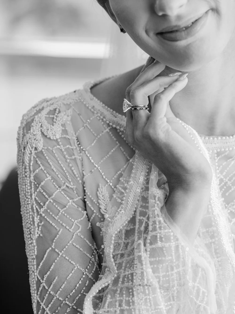 Portrait of bride wearing J. Andreatta gown as she gets ready for her Cleveland wedding