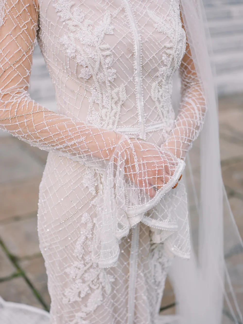 Portrait of bride wearing J. Andreatta wedding dress at Cleveland Art museum