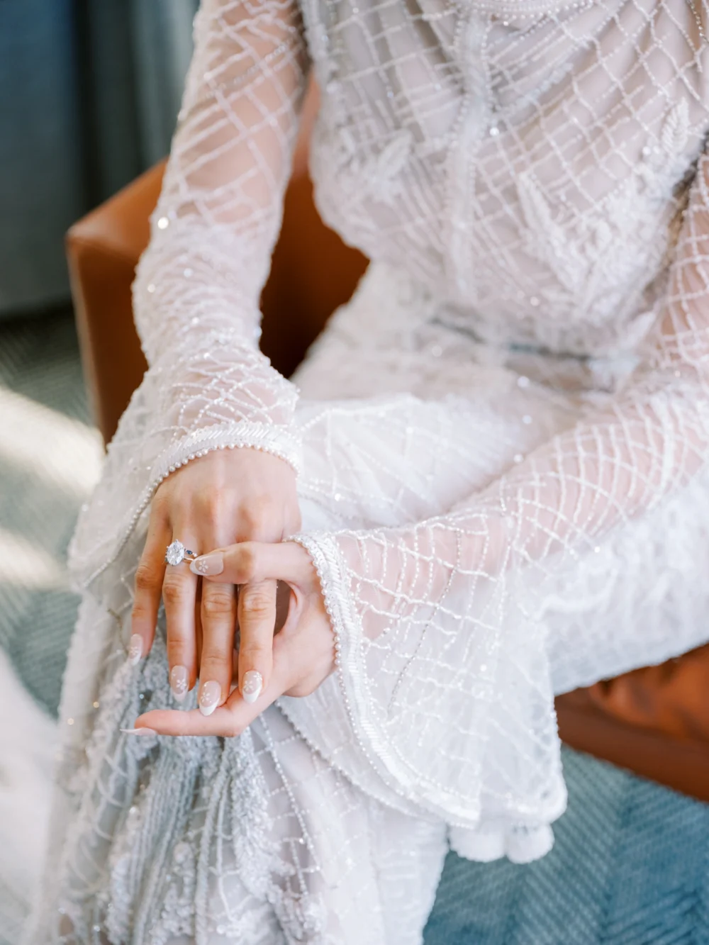 Bride wearing J. Andreatta gown as she gets ready for her Cleveland wedding
