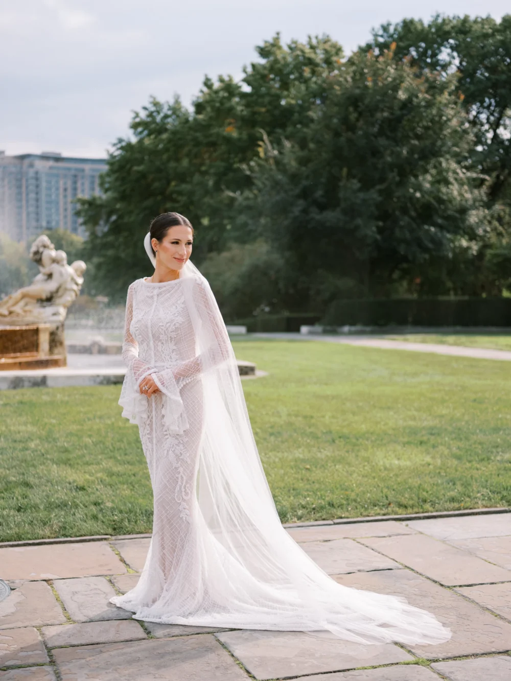 Portrait of bride wearing J. Andreatta wedding dress at Cleveland Art museum
