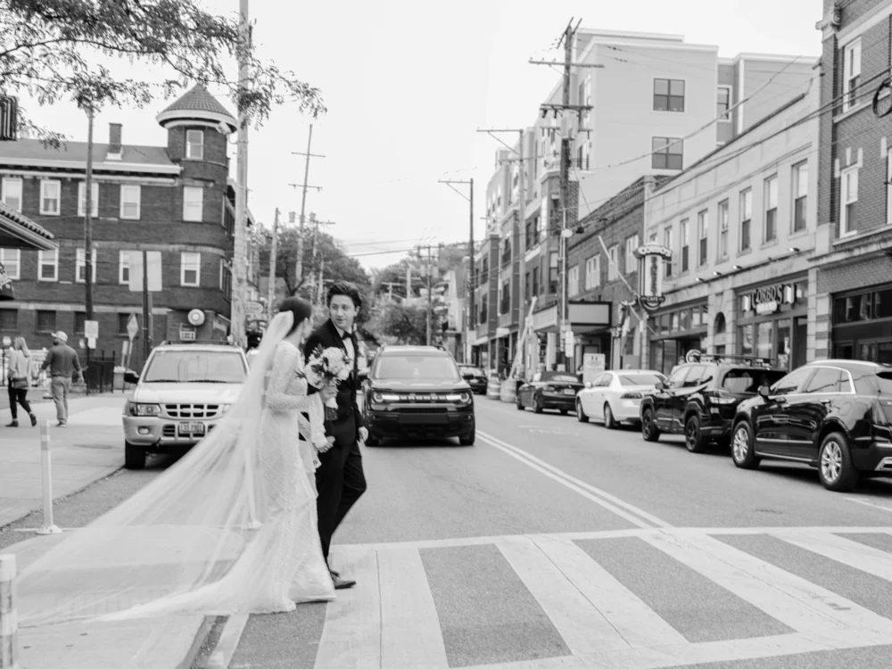 Bride wearing J. Andreatta gown after her wedding ceremony in Little Italy, Ohio