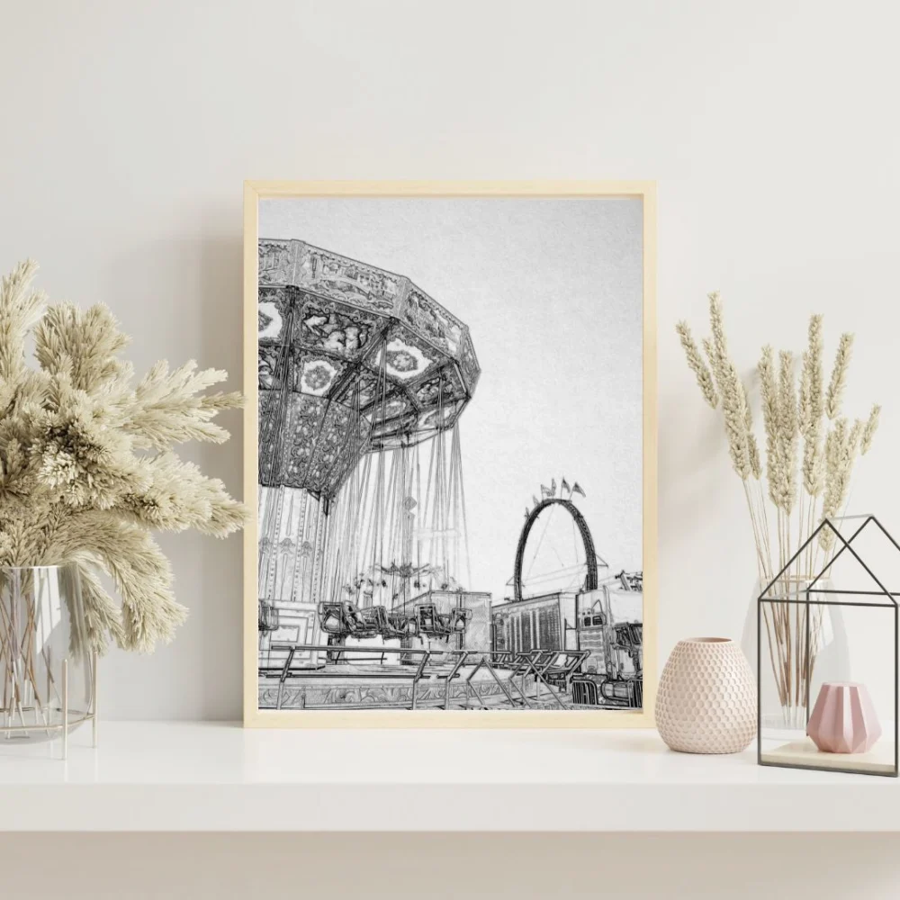 Custom line sketch illustration framed and displayed on a shelf