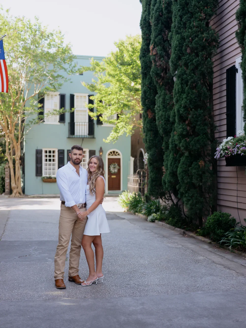 Elegant Charleston engagement photos with white pearl dress
