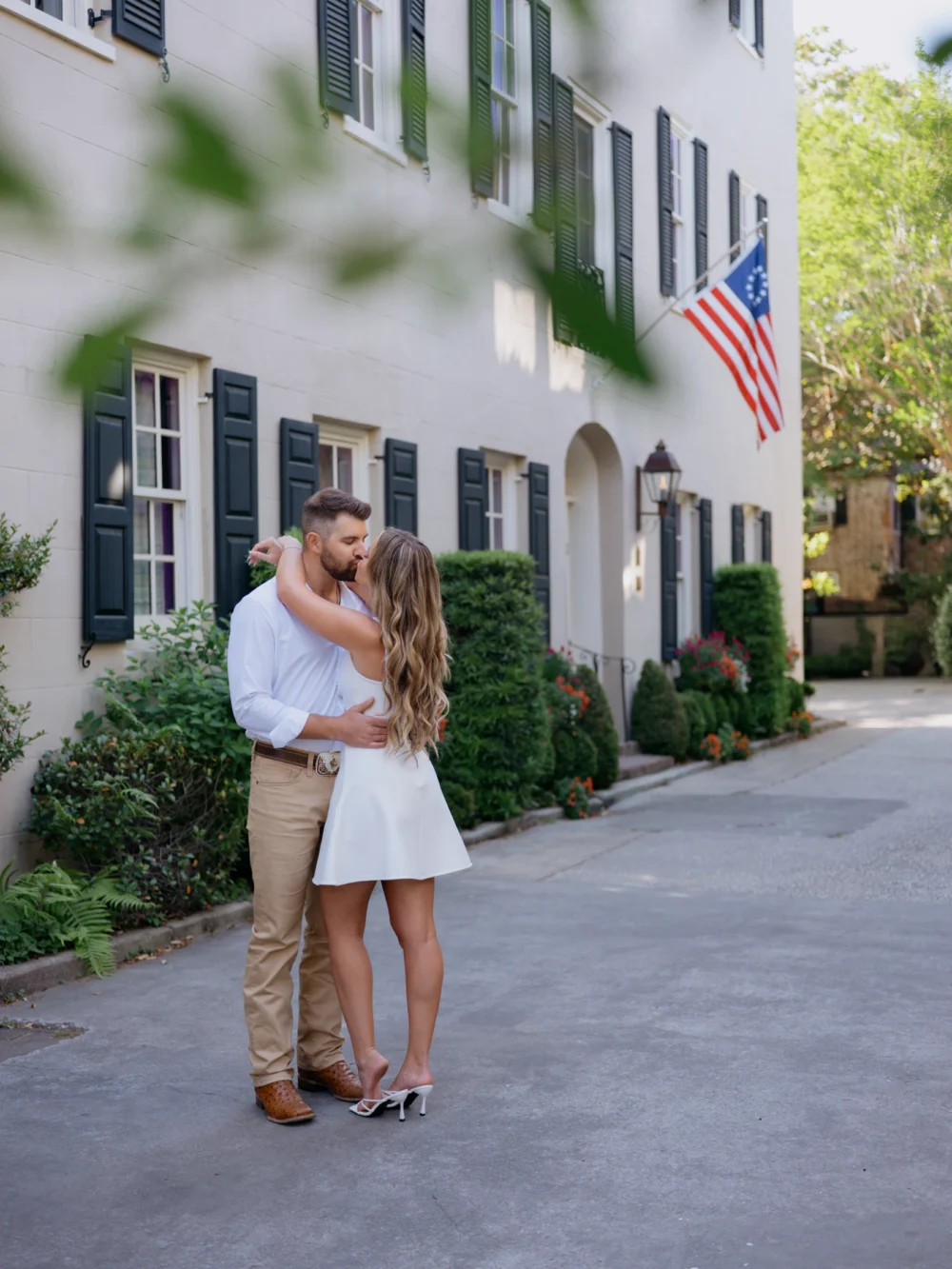 Elegant Charleston engagement photos with white pearl dress