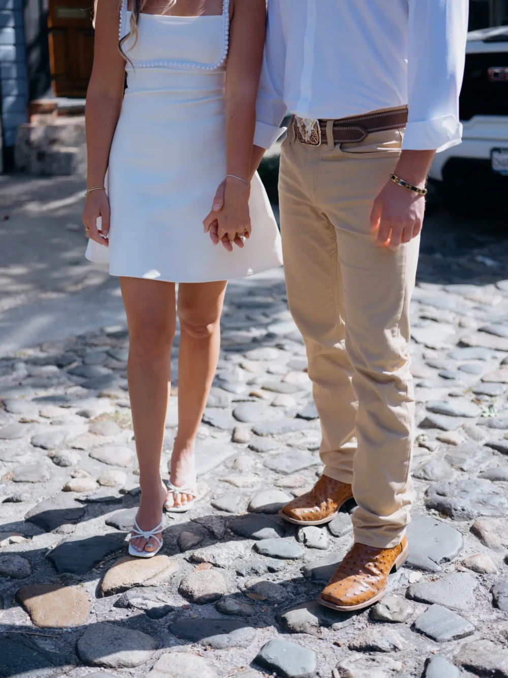 Elegant Charleston engagement photos with white pearl dress