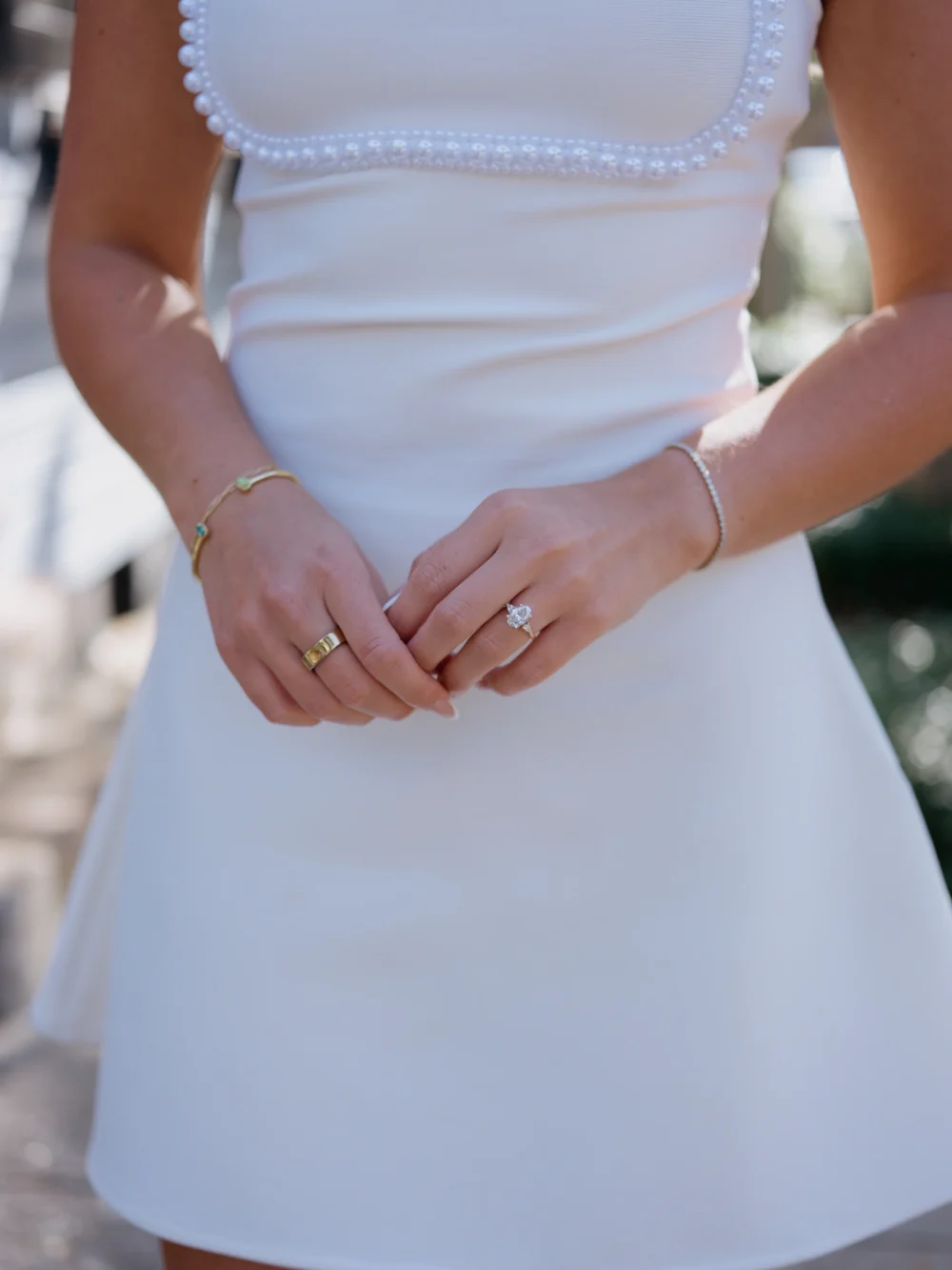Bride to be showcasing her ring in Charleston South Carolina