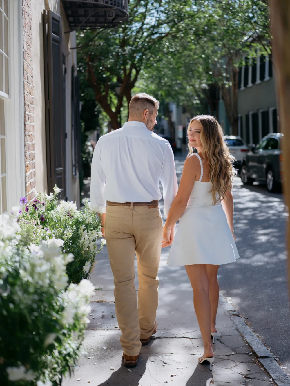 Elegant Charleston engagement photos with white pearl dress