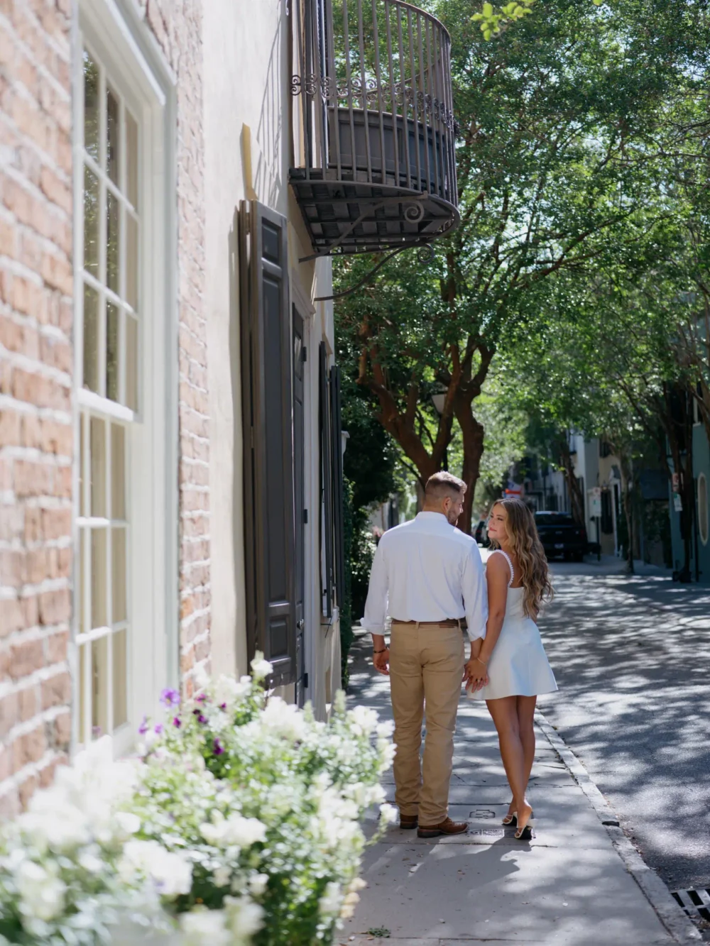 Elegant Charleston engagement photos with white pearl dress