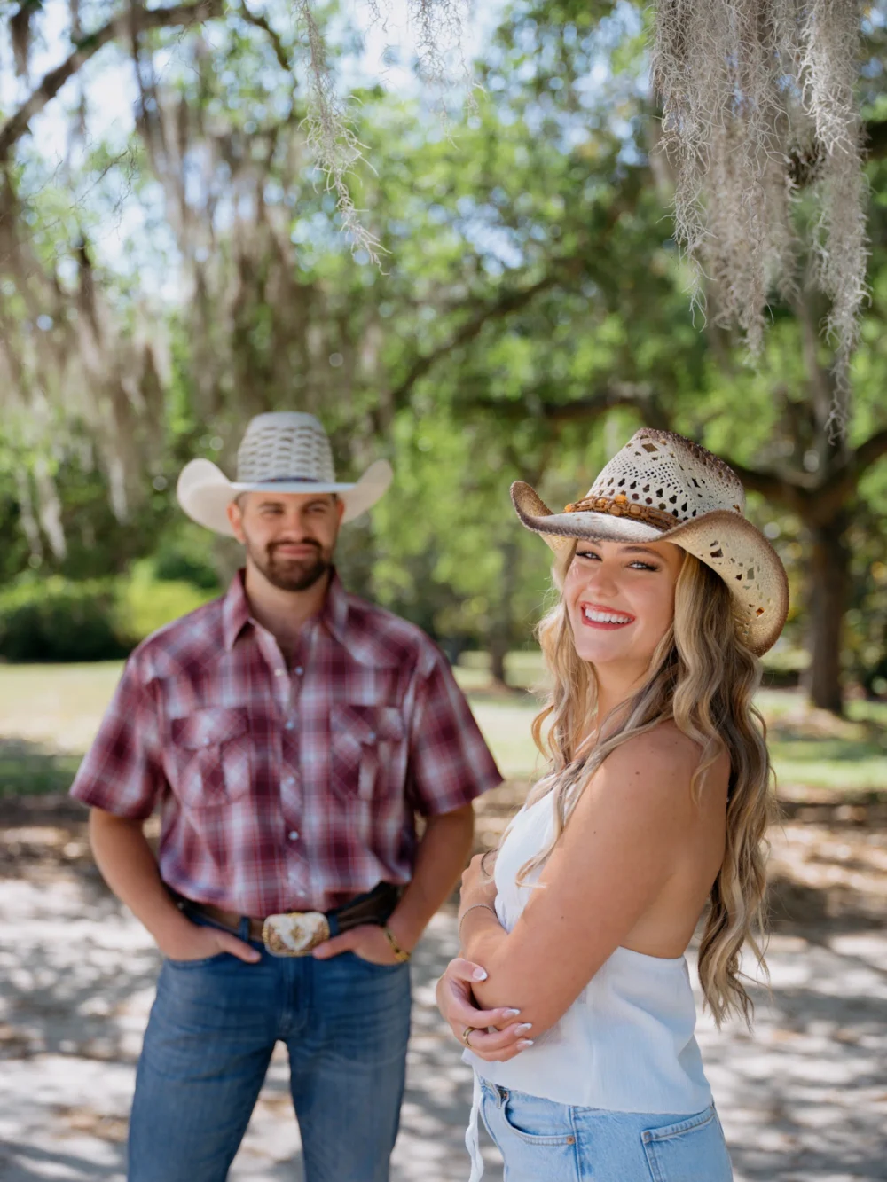 Romantic engagement photos under Spanish moss in Charleston